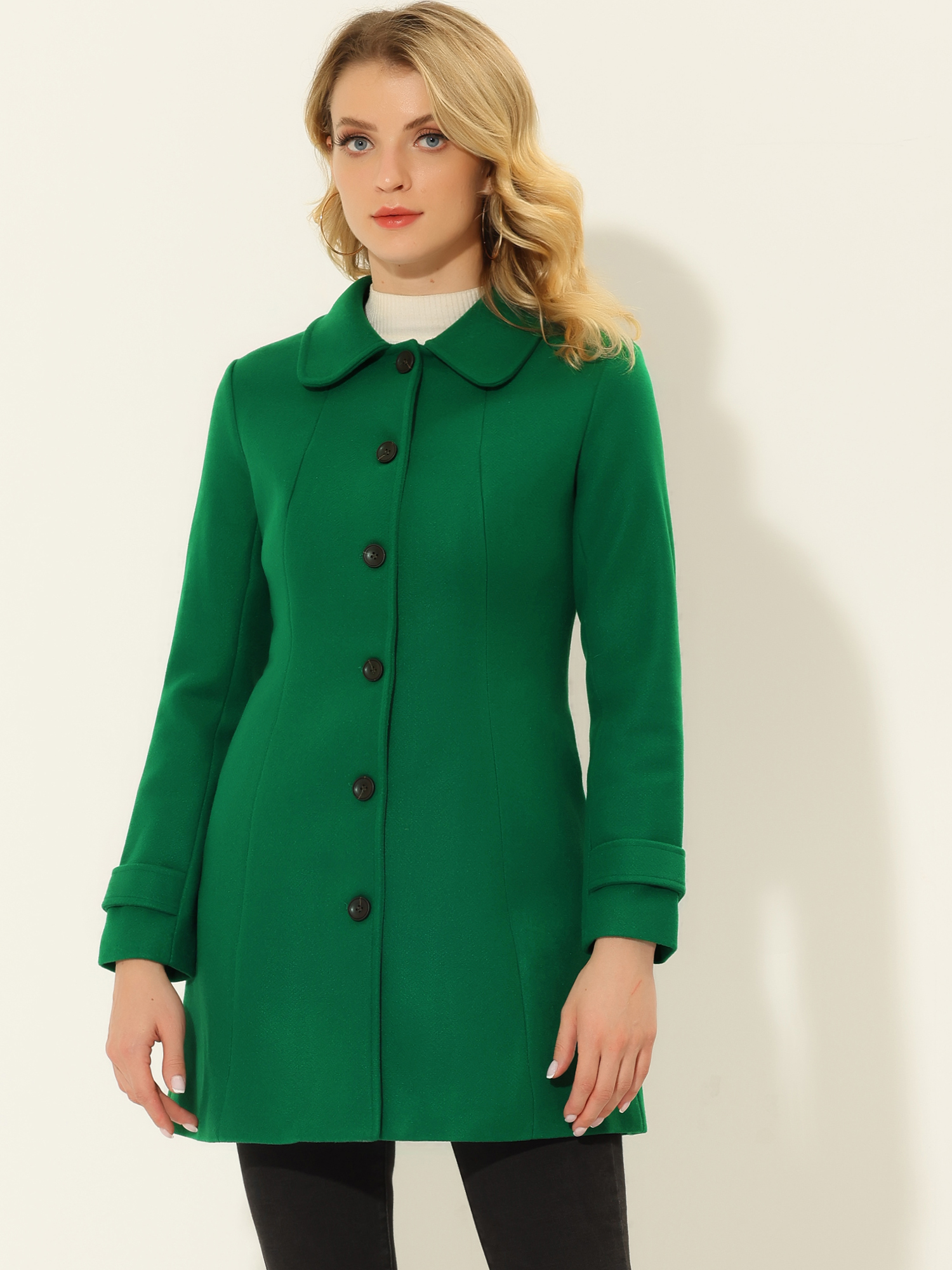 Peter Pan Collar Single Breasted Overcoat Winter Pea Coat Solid Green/XS - Allegra K catalog