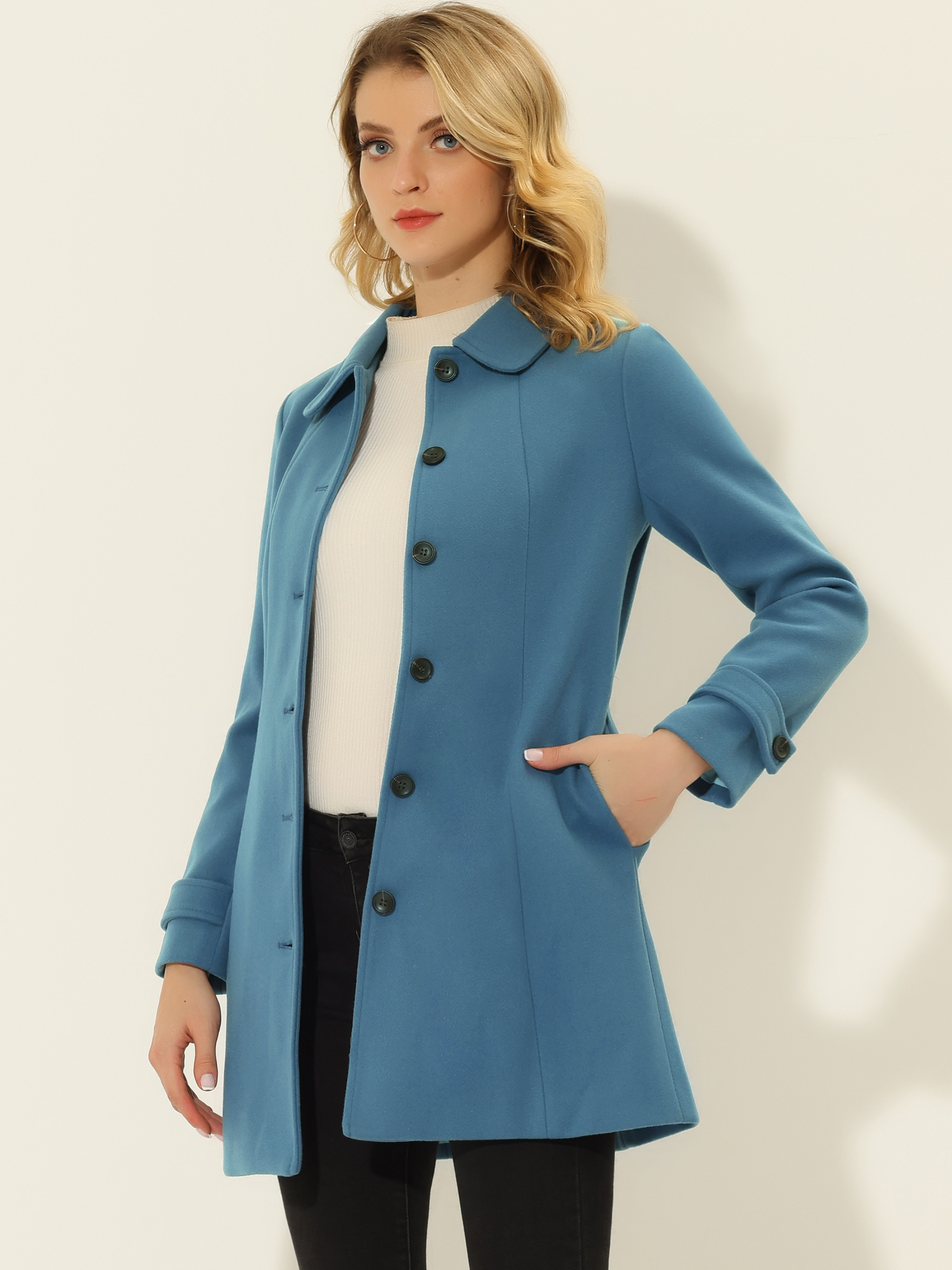 Peter Pan Collar Single Breasted Overcoat Winter Pea Coat Solid Blue/S - Allegra K catalog