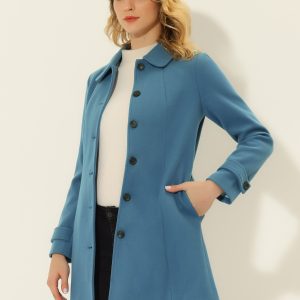 Peter Pan Collar Single Breasted Overcoat Winter Pea Coat Solid Blue/M - Allegra K catalog