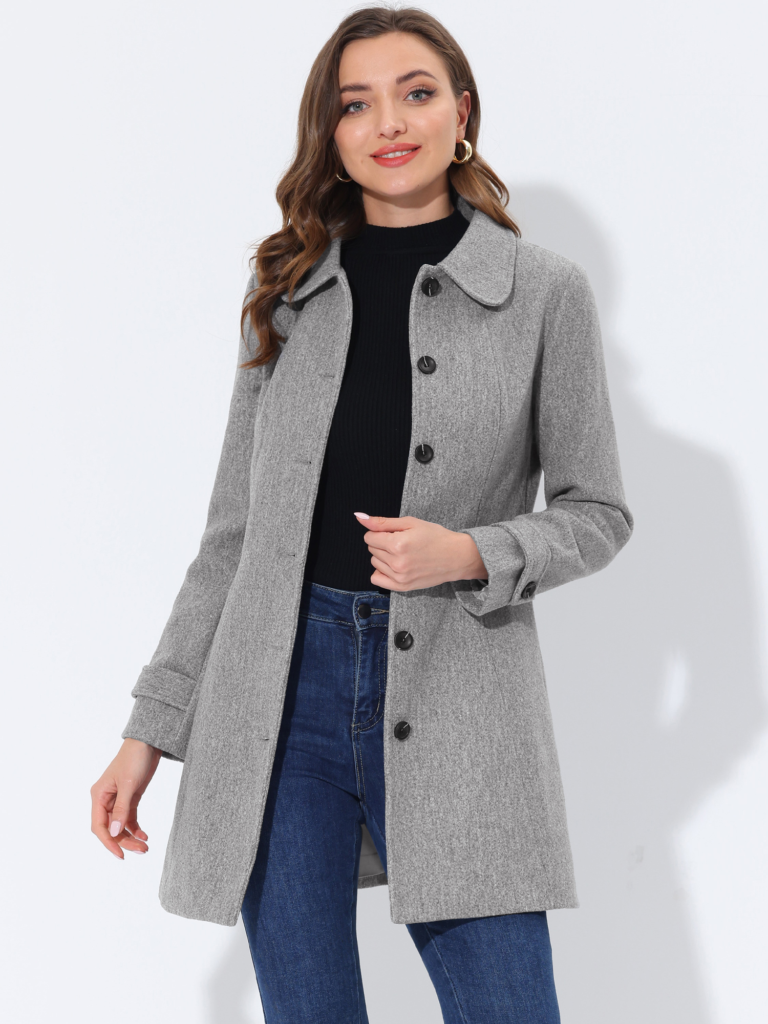 Peter Pan Collar Single Breasted Overcoat Winter Pea Coat Solid Grey/XS - Allegra K catalog