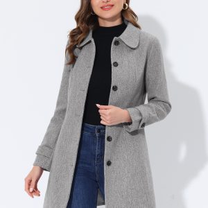 Peter Pan Collar Single Breasted Overcoat Winter Pea Coat Solid Grey/L - Allegra K catalog