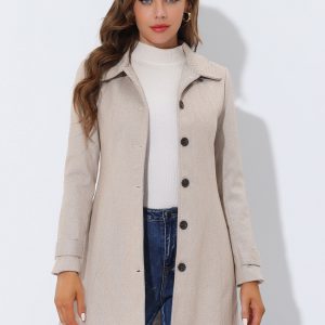 Peter Pan Collar Single Breasted Overcoat Winter Pea Coat Deep Khaki/S - Allegra K catalog