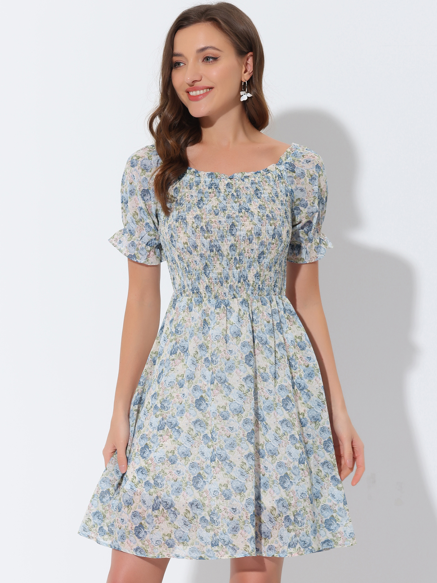 Summer Square Neck Off Shoulder A-Line Smocked Chiffon Floral Dress Light Blue/M - Allegra K catalog