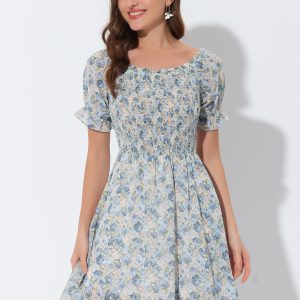 Summer Square Neck Off Shoulder A-Line Smocked Chiffon Floral Dress Light Blue/XL - Allegra K catalog