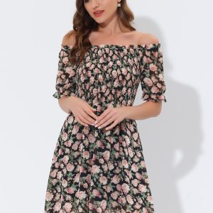 Summer Square Neck Off Shoulder A-Line Smocked Chiffon Floral Dress Black/XS - Allegra K catalog