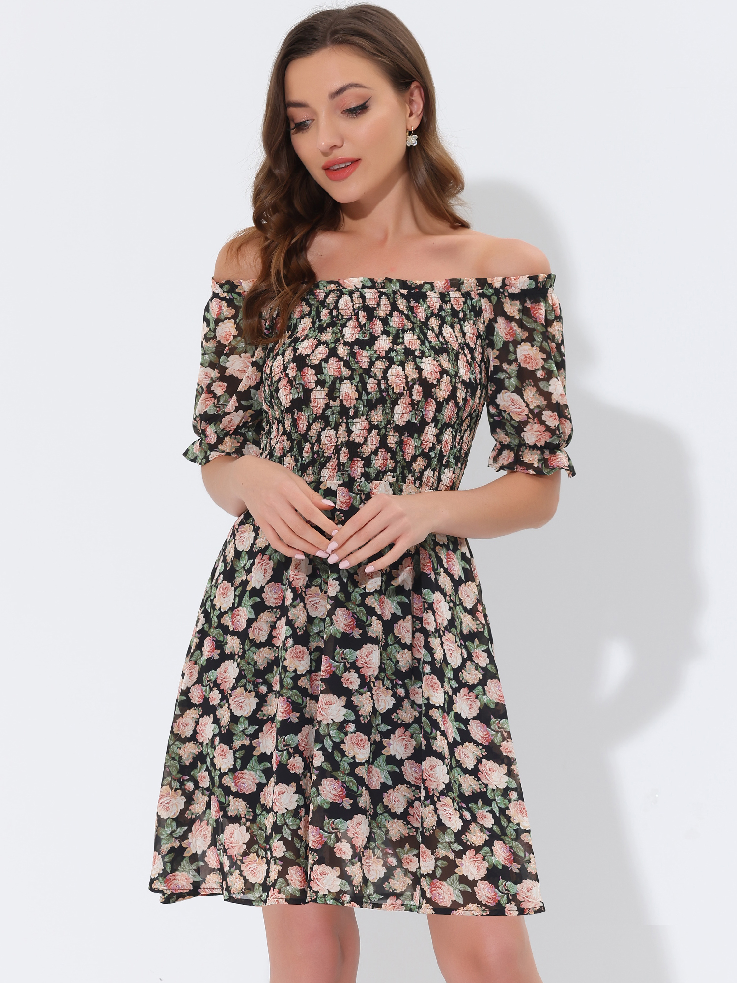 Summer Square Neck Off Shoulder A-Line Smocked Chiffon Floral Dress Black/M - Allegra K catalog
