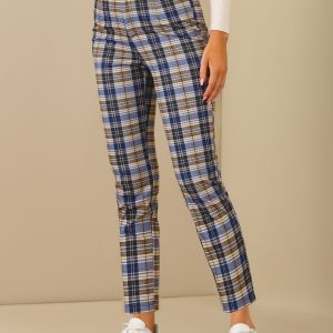Plaid Cropped Trousers Button Casual Tartan Check Work Pants Blue/XS - Allegra K catalog