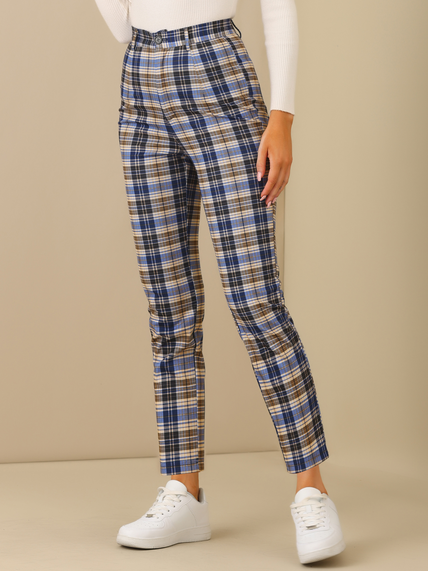 Plaid Cropped Trousers Button Casual Tartan Check Work Pants Blue/XL - Allegra K catalog