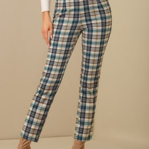 Plaid Cropped Trousers Button Casual Tartan Check Work Pants Green/M - Allegra K catalog