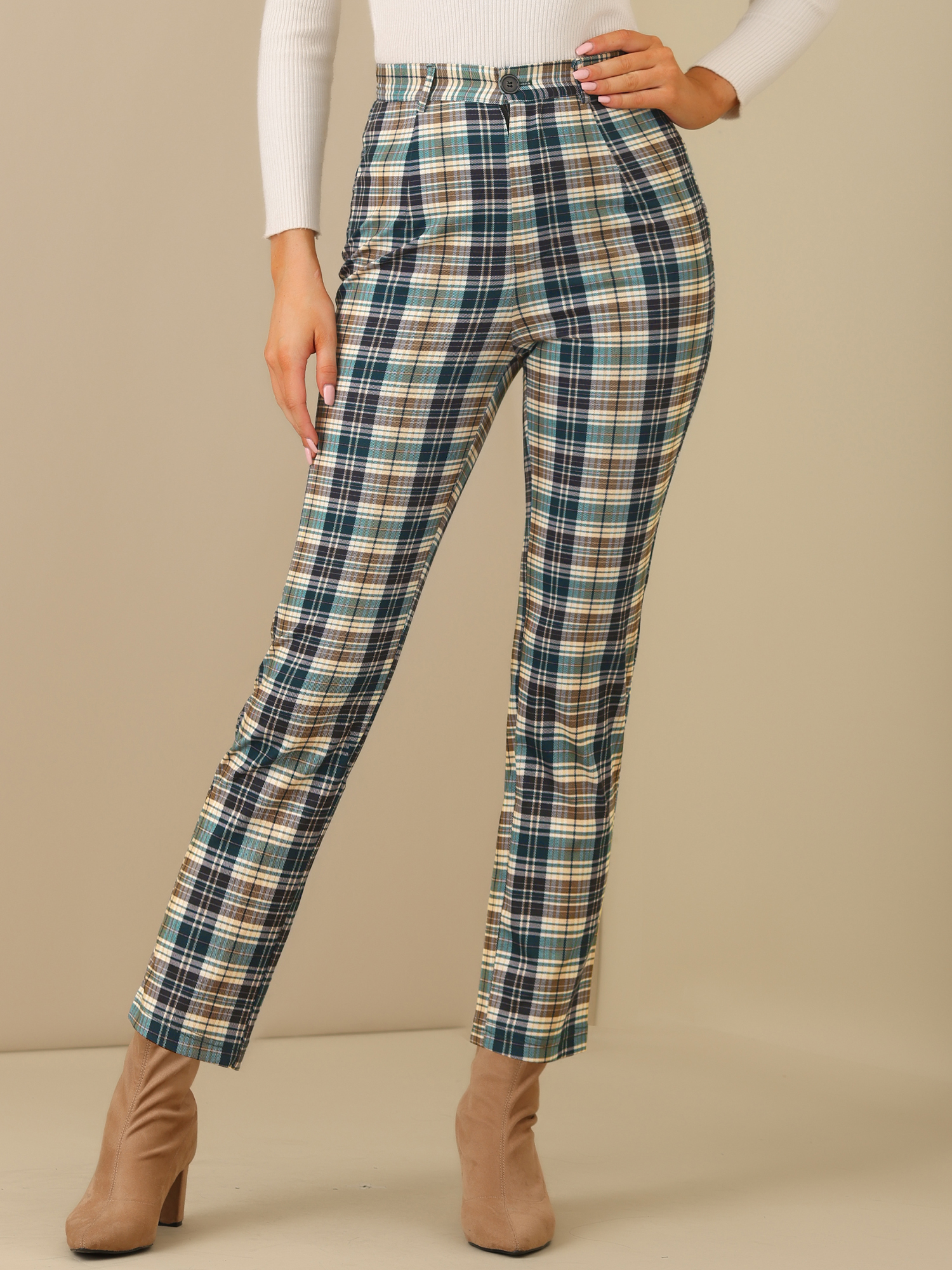 Plaid Cropped Trousers Button Casual Tartan Check Work Pants Green/M - Allegra K catalog