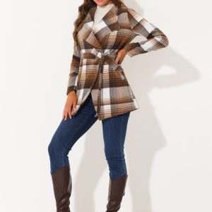 Belted Wrap Outerwear Shawl Collar Asymmetric Hem Plaid Coat Brown/M - Allegra K catalog