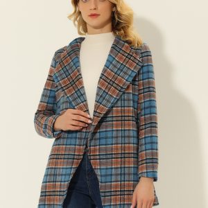 Belted Wrap Outerwear Shawl Collar Asymmetric Hem Plaid Coat Blue/XL - Allegra K catalog