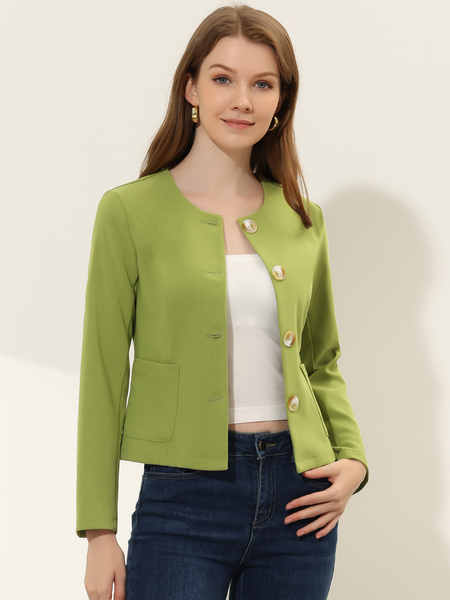 Fall Casual Jacket Elegant Button Front Work Office Blazer Green/S - Allegra K catalog