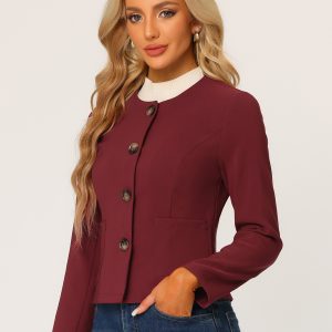 Fall Casual Jacket Elegant Button Front Work Office Blazer Burgundy/XL - Allegra K catalog