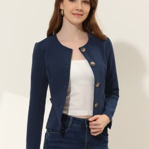 Fall Casual Jacket Elegant Button Front Work Office Blazer Navy Blue/S - Allegra K catalog