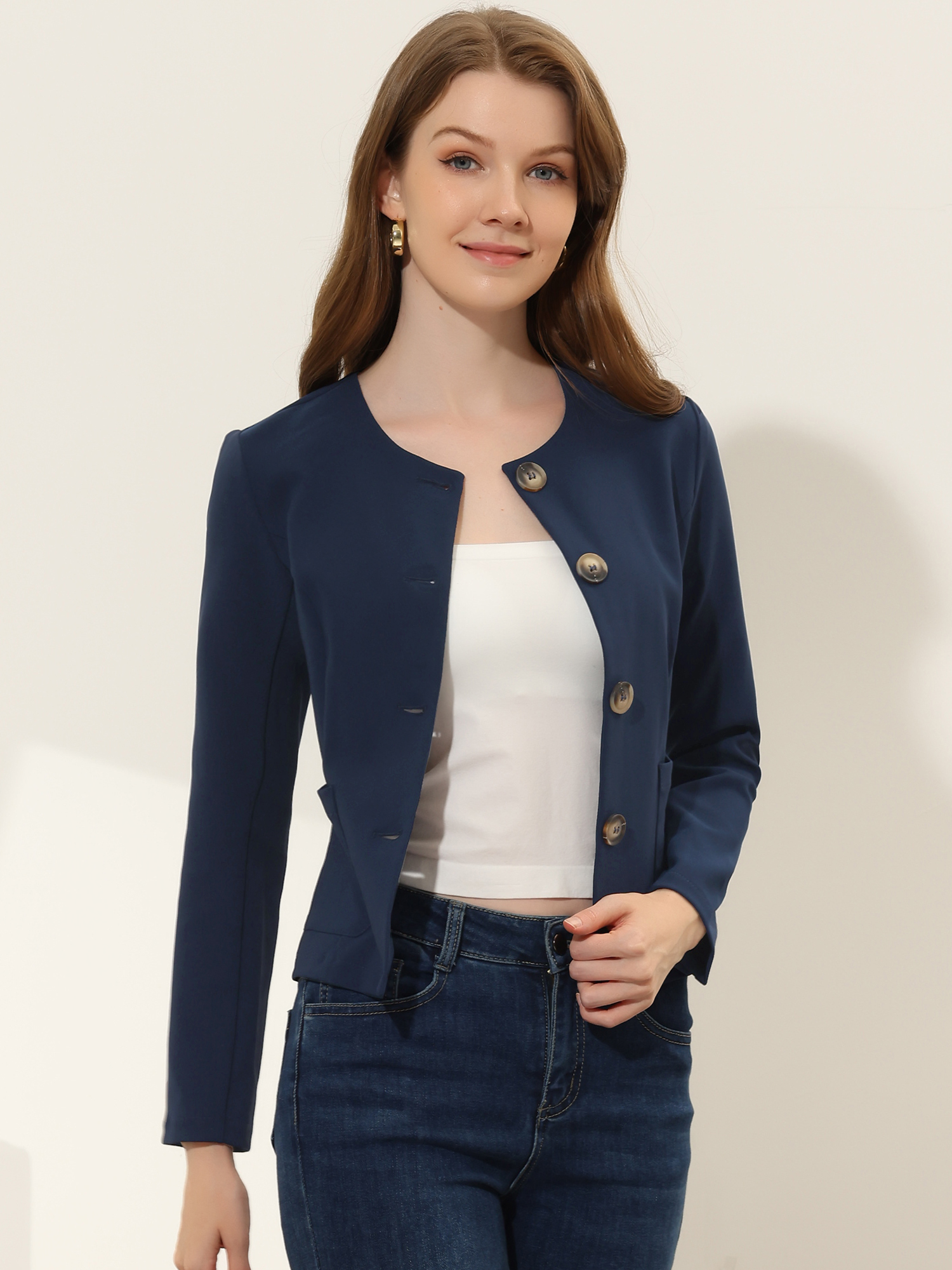 Fall Casual Jacket Elegant Button Front Work Office Blazer Navy Blue/S - Allegra K catalog