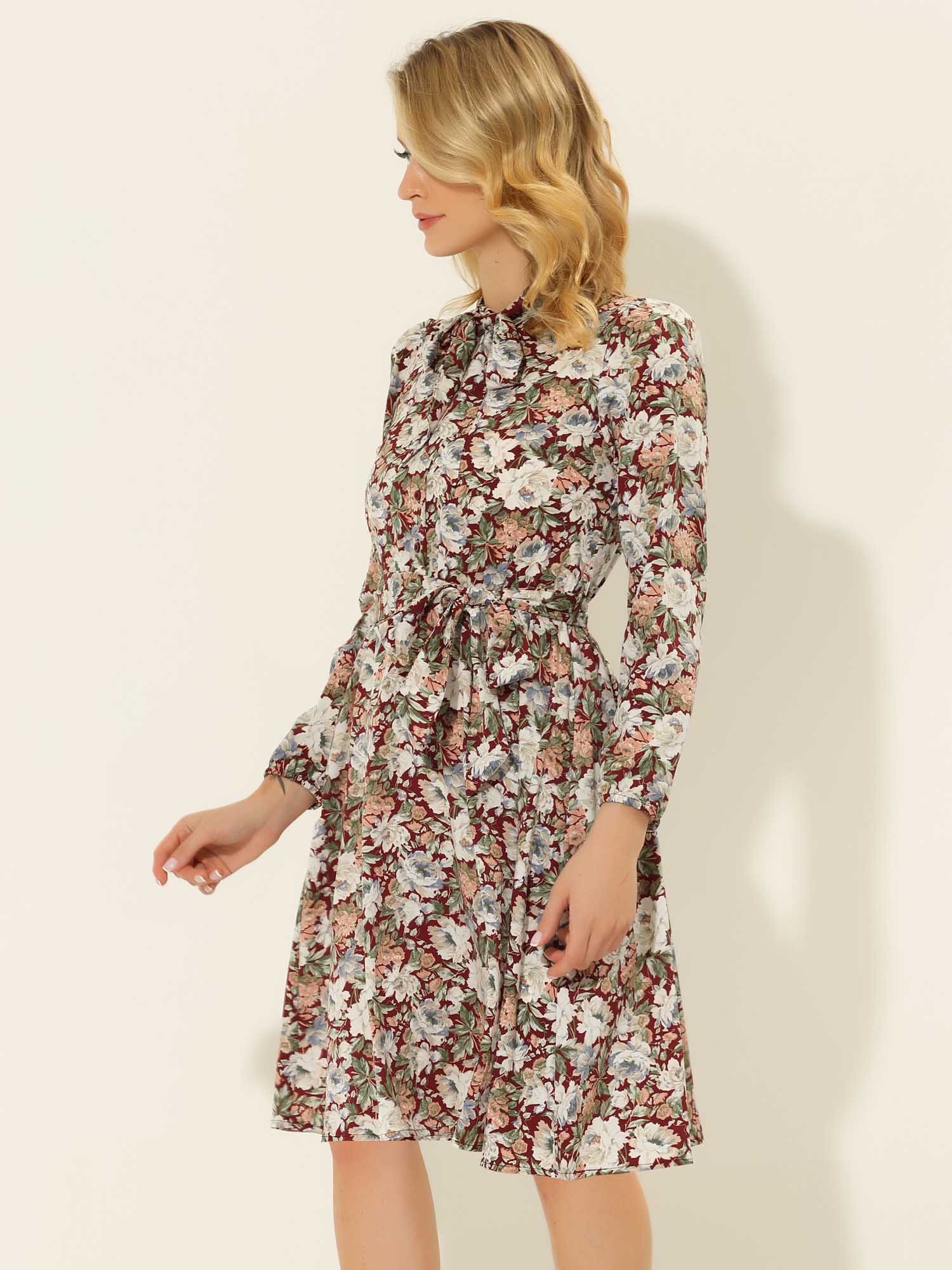 Tie Neck Chiffon Long Sleeve Belted Vintage Floral Dress Deep Red/S - Allegra K catalog