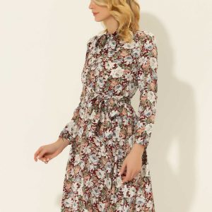 Tie Neck Chiffon Long Sleeve Belted Vintage Floral Dress Deep Red/M - Allegra K catalog
