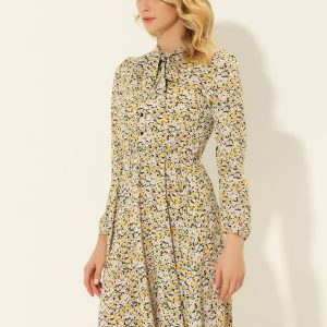 Tie Neck Chiffon Long Sleeve Belted Vintage Floral Dress Navy Yellow/S - Allegra K catalog