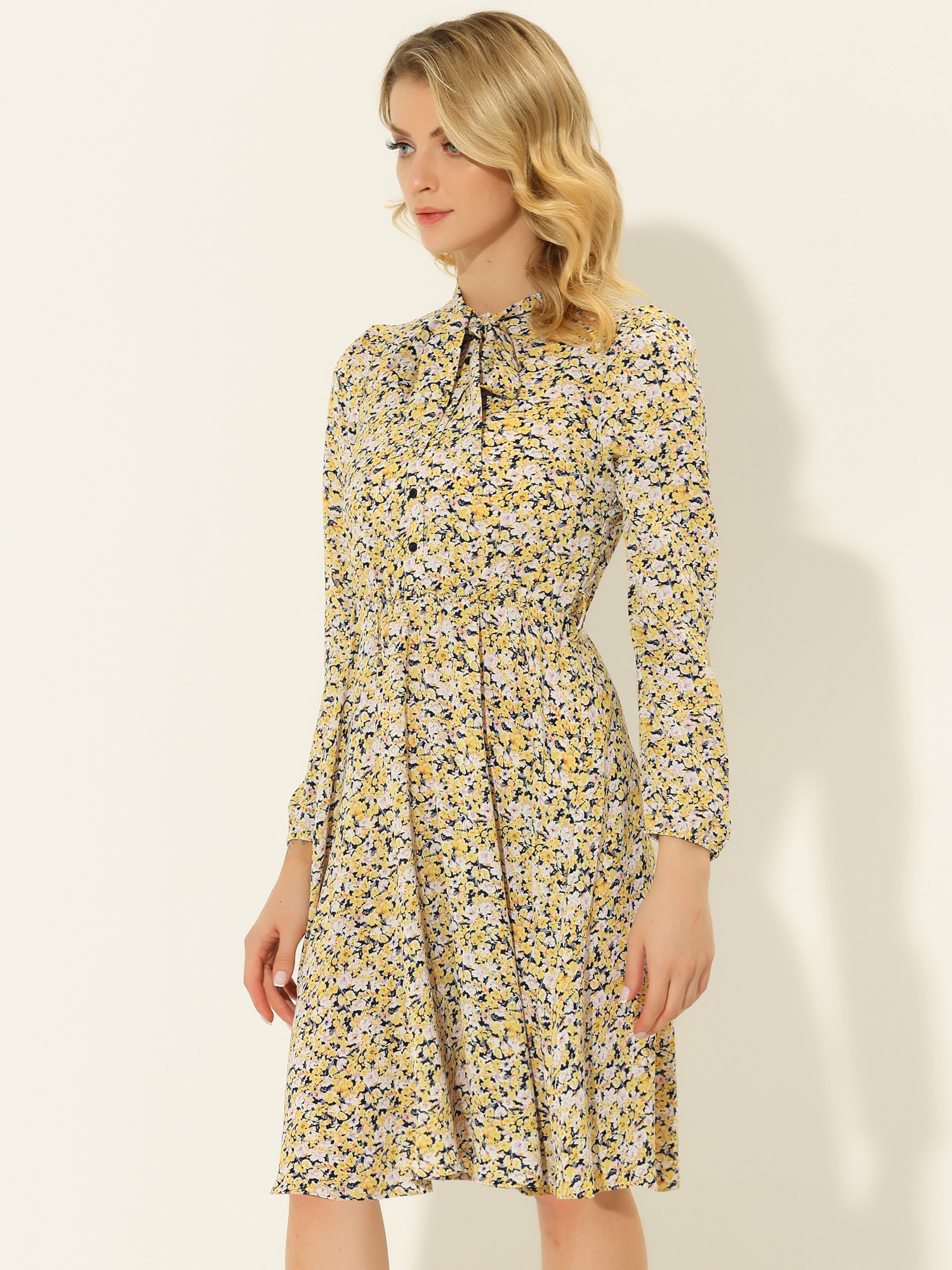 Tie Neck Chiffon Long Sleeve Belted Vintage Floral Dress Navy Yellow/L - Allegra K catalog