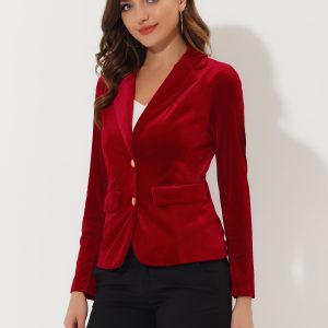 Notched Lapel Vintage Office Button Front Velvet Blazer Red/XL - Allegra K catalog