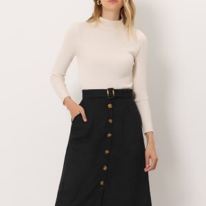 High Waist Button Front Belted Corduroy A-Line Midi Skirt Black/XS - Allegra K catalog