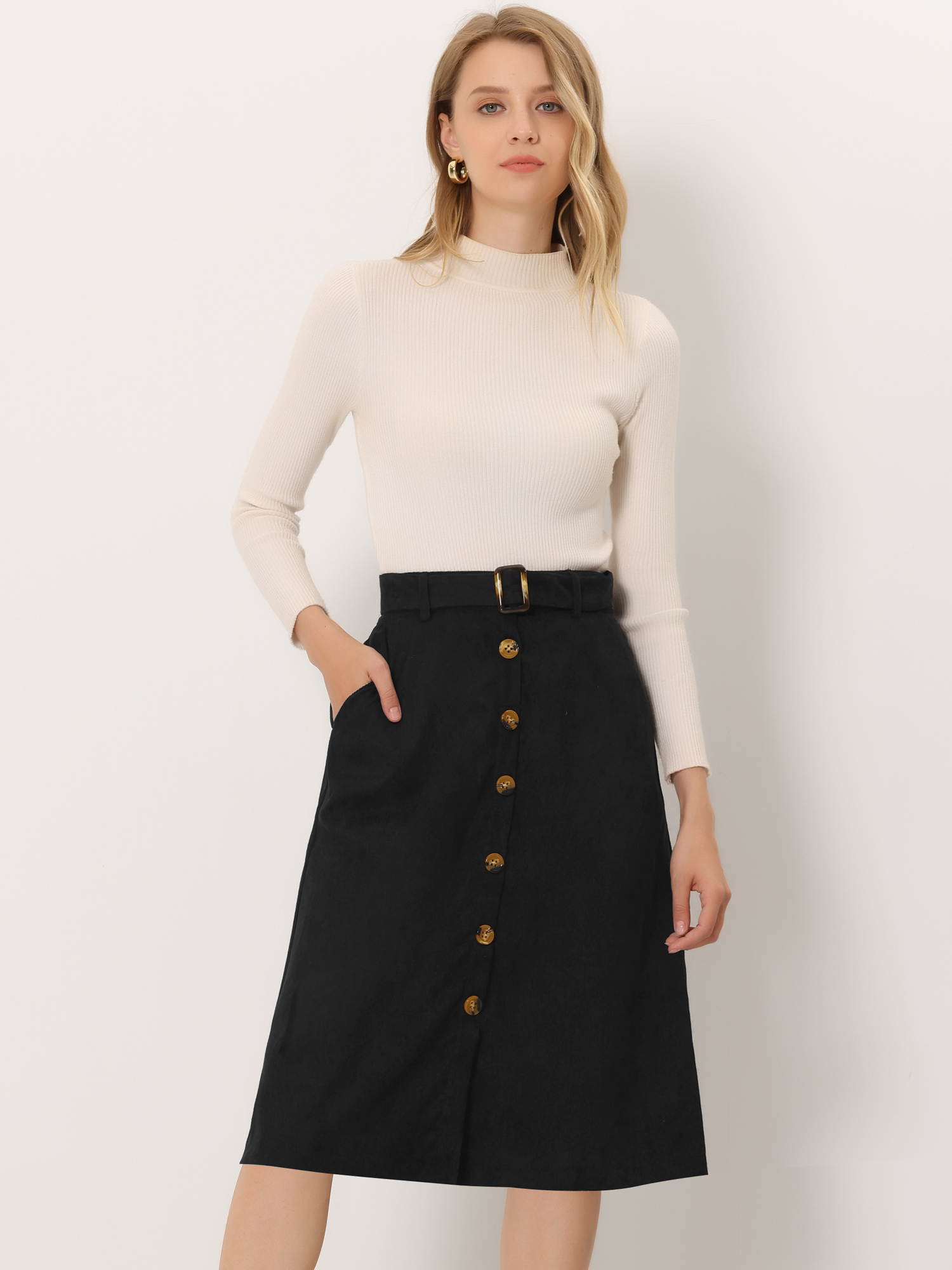 High Waist Button Front Belted Corduroy A-Line Midi Skirt Black/L - Allegra K catalog