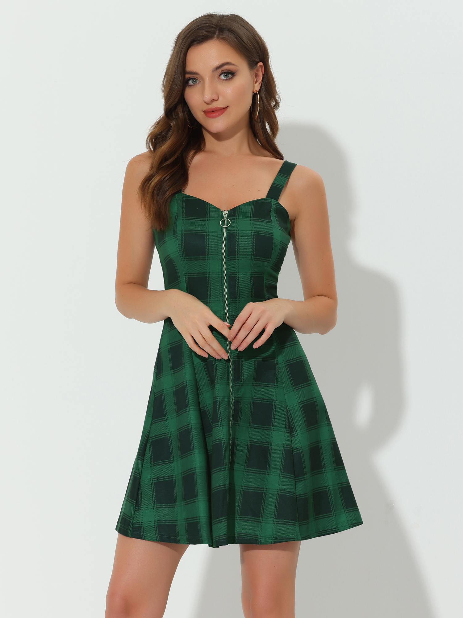 Plaid Zipper Front Party Strap Sleeveless Tube Mini A-Line Dress Green Blue/XL - Allegra K catalog
