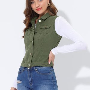 Flap Pocket Washed Buttoned Denim Jacket Vest Army Green/XS - Allegra K catalog