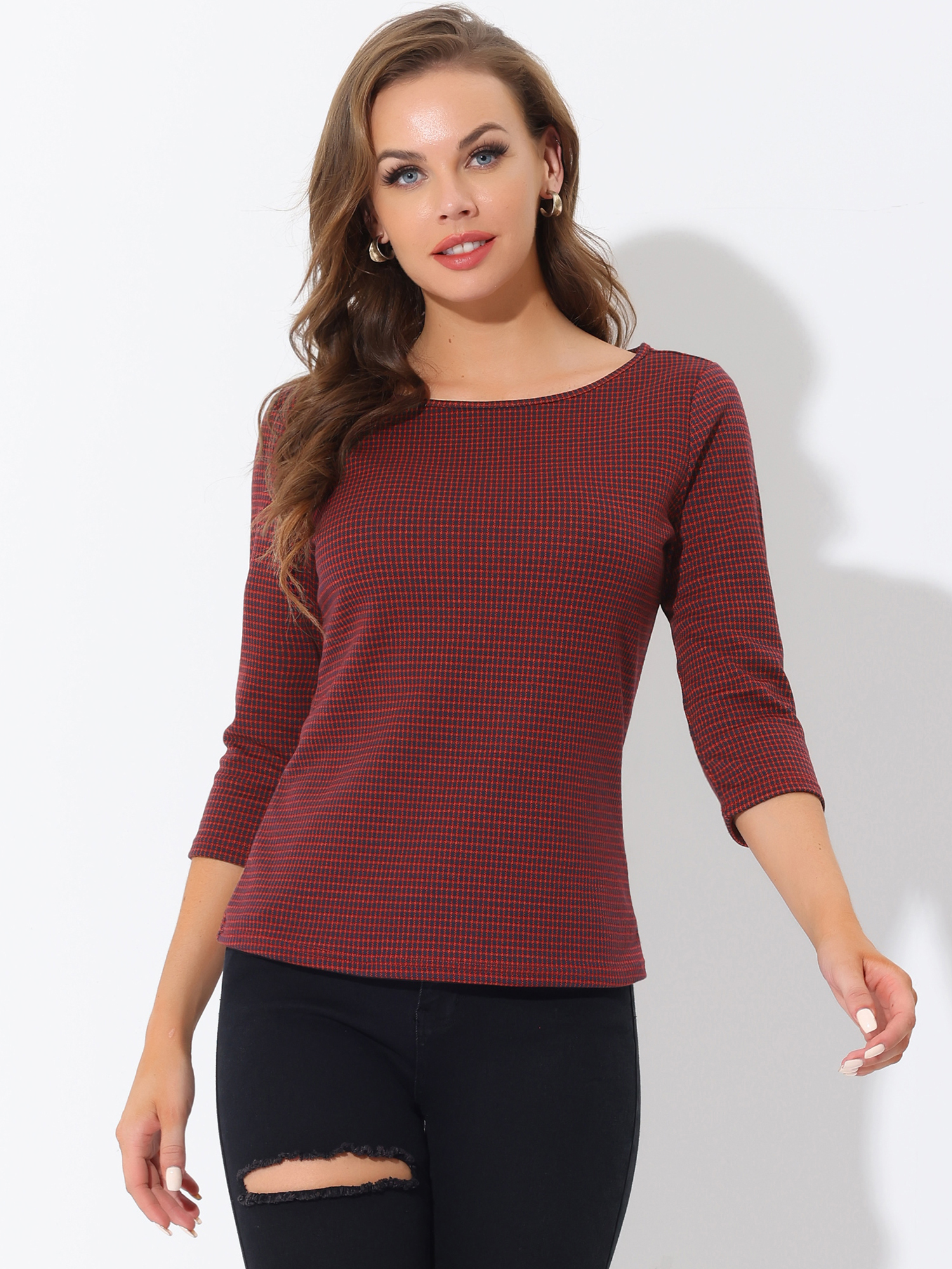 Work Office 3/4 Sleeve Boat Neck Houndstooth Printed Top Blouse Red A/M - Allegra K catalog