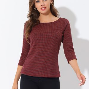 Work Office 3/4 Sleeve Boat Neck Houndstooth Printed Top Blouse Red A/XL - Allegra K catalog
