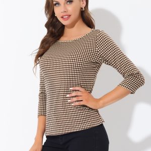 Work Office 3/4 Sleeve Boat Neck Houndstooth Printed Top Blouse Browns/S - Allegra K catalog