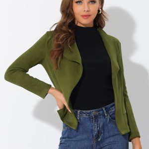 Faux Suede Jacket Open Front Lapel Draped Outwear Cardigan Army Green/S - Allegra K catalog