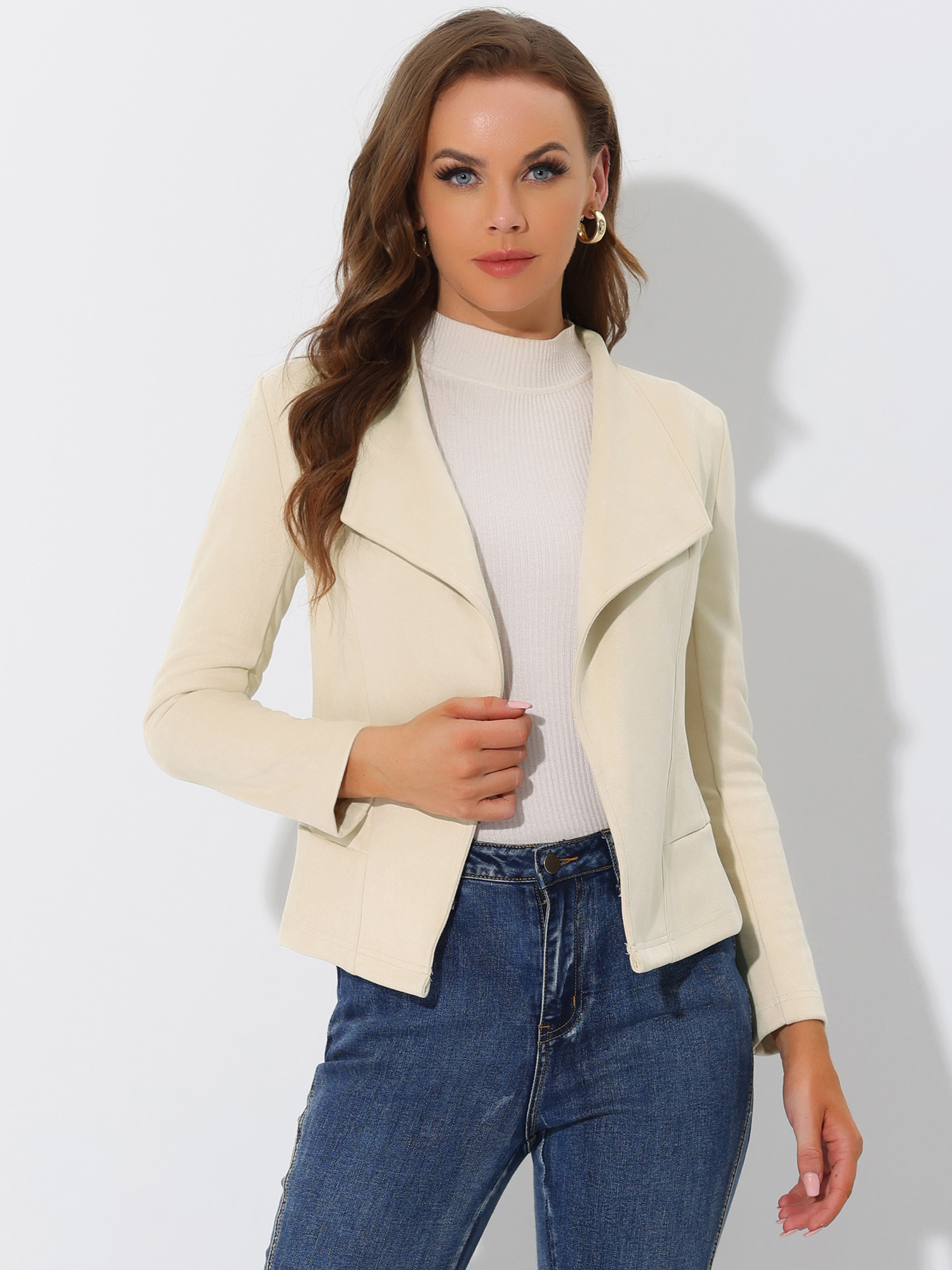 Faux Suede Jacket Open Front Lapel Draped Outwear Cardigan Apricot/S - Allegra K catalog