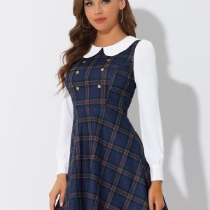 Peter Pan Collar Contrast Color Button Decor Plaid Dress Dark Blue/M - Allegra K catalog