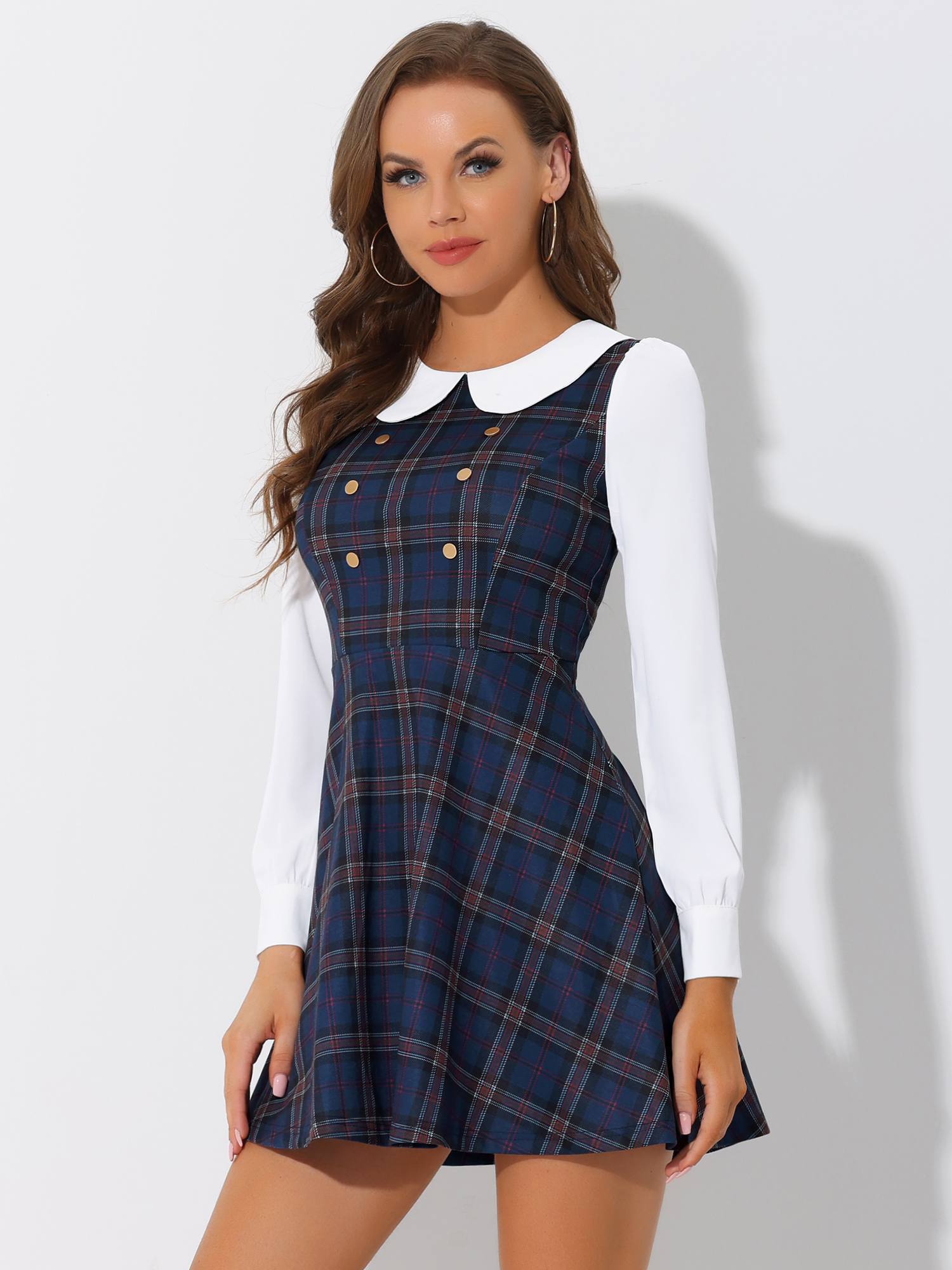 Peter Pan Collar Contrast Color Button Decor Plaid Dress Dark Blue/M - Allegra K catalog