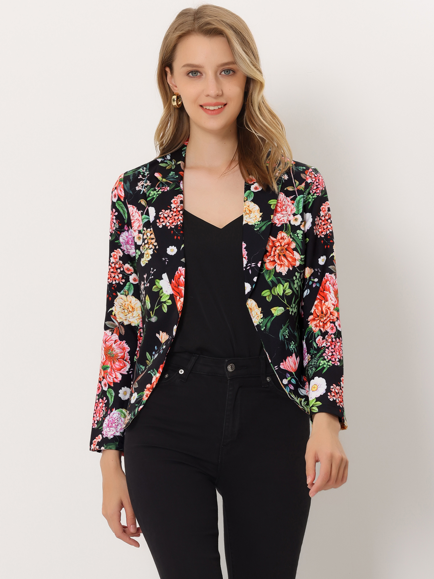 Open Front Floral Work Business Crop Blazer Jacket Black Red-Floral/L - Allegra K catalog