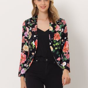 Open Front Floral Work Business Crop Blazer Jacket Black Red-Floral/XL - Allegra K catalog