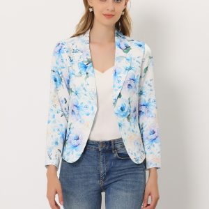 Open Front Floral Work Business Crop Blazer Jacket White Light Blue-Floral/XS - Allegra K catalog