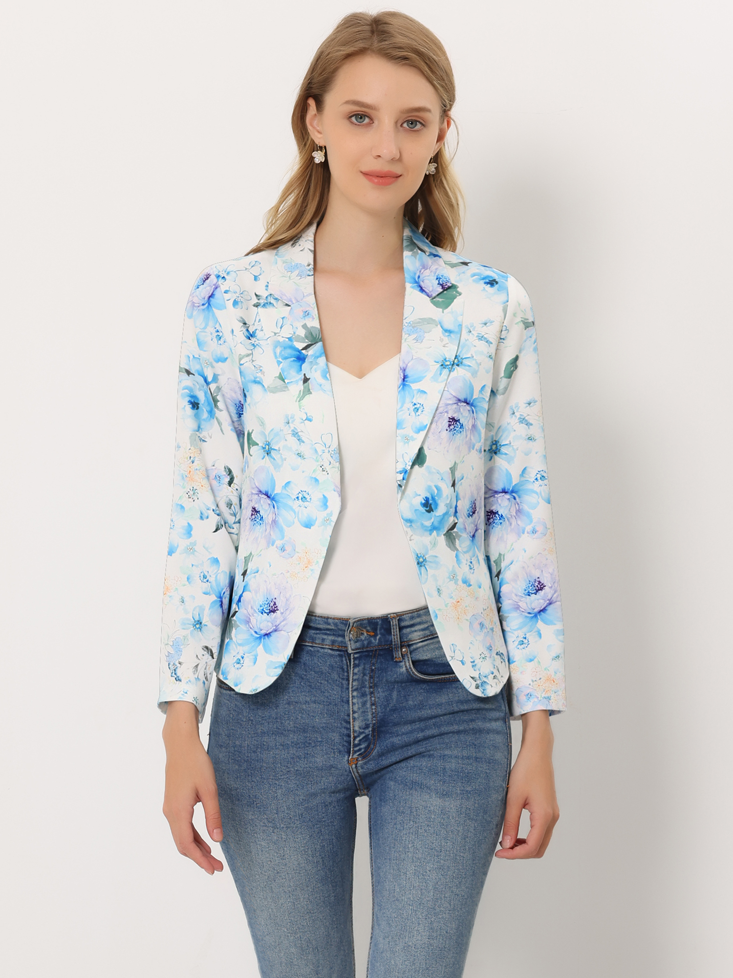 Open Front Floral Work Business Crop Blazer Jacket White Light Blue-Floral/XL - Allegra K catalog