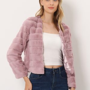 Winter Warm Cropped Collarless Faux Fur Fluffy Jacket Dusty Pink/L - Allegra K catalog