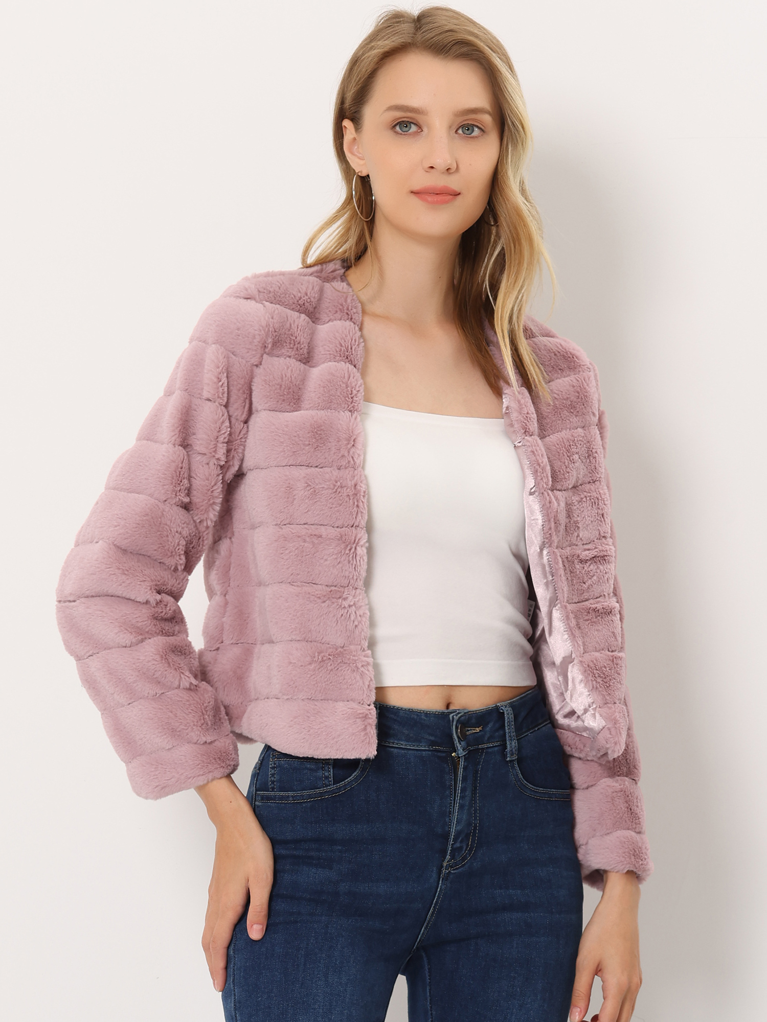 Winter Warm Cropped Collarless Faux Fur Fluffy Jacket Dusty Pink/L - Allegra K catalog