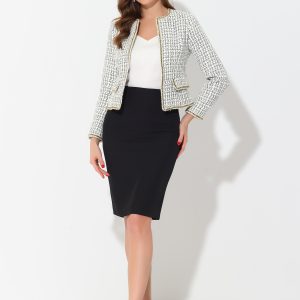 Plaid Tweed Long Sleeve Open Front Work Office Cropped Jacket Blazer White/L - Allegra K catalog