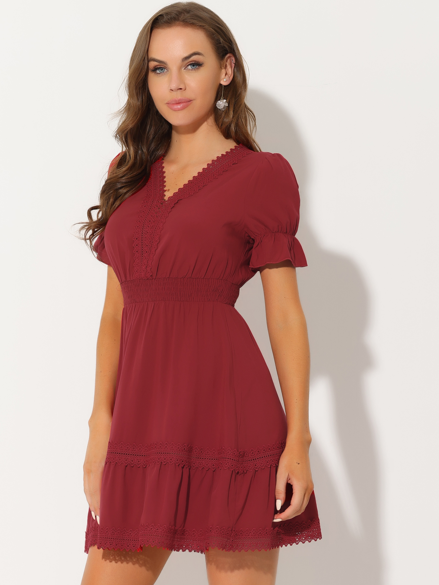 Boho Puff Sleeve V Neck Smocked Waist Ruffled Tiered Dress Red/XS - Allegra K catalog