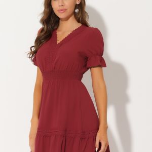 Boho Puff Sleeve V Neck Smocked Waist Ruffled Tiered Dress Red/M - Allegra K catalog