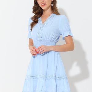 Boho Puff Sleeve V Neck Smocked Waist Ruffled Tiered Dress Light Blue/L - Allegra K catalog