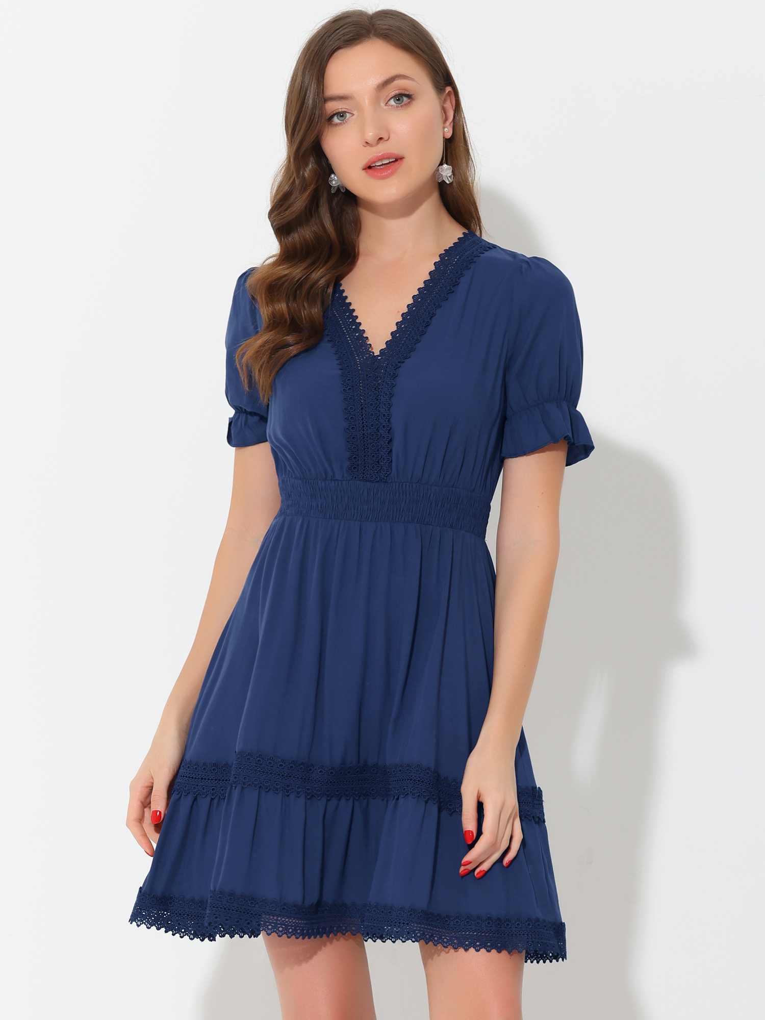 Boho Puff Sleeve V Neck Smocked Waist Ruffled Tiered Dress Dark Blue/XS - Allegra K catalog