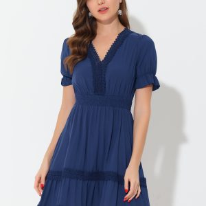 Boho Puff Sleeve V Neck Smocked Waist Ruffled Tiered Dress Dark Blue/L - Allegra K catalog