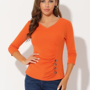 3/4 Sleeve Solid Knitted Button Decor Ruched Blouse Orange/XS - Allegra K catalog