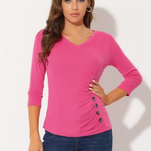 3/4 Sleeve Solid Knitted Button Decor Ruched Blouse Hot Pink/L - Allegra K catalog